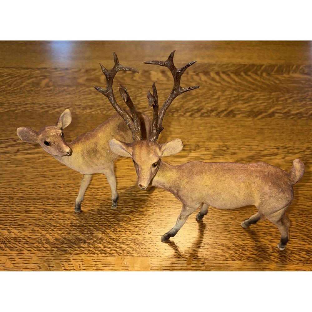 Vintage Plastic Buck & Doe Reindeer 10 Point 8" Tall Antlers Stag Deer Brown